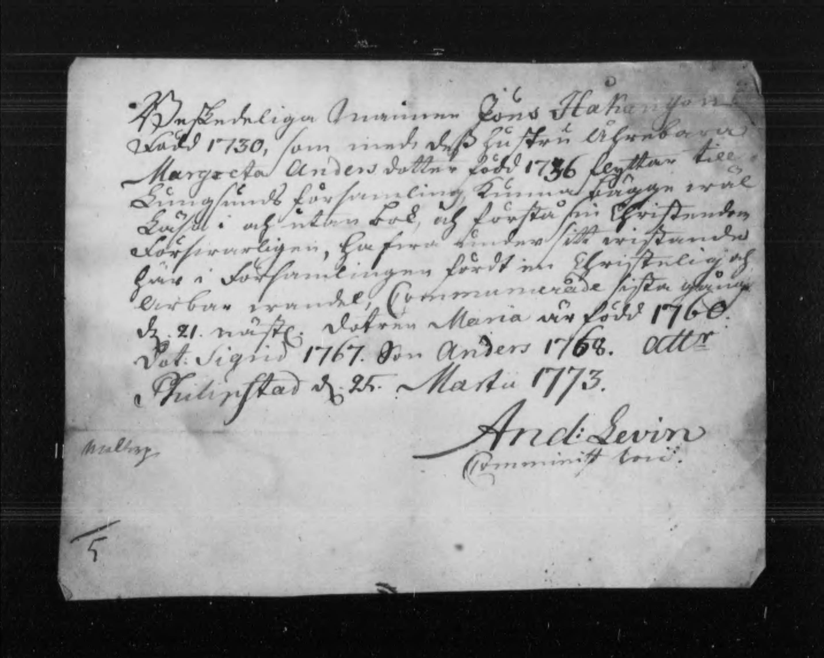 Grayscale scan of an 18th century handwritten note