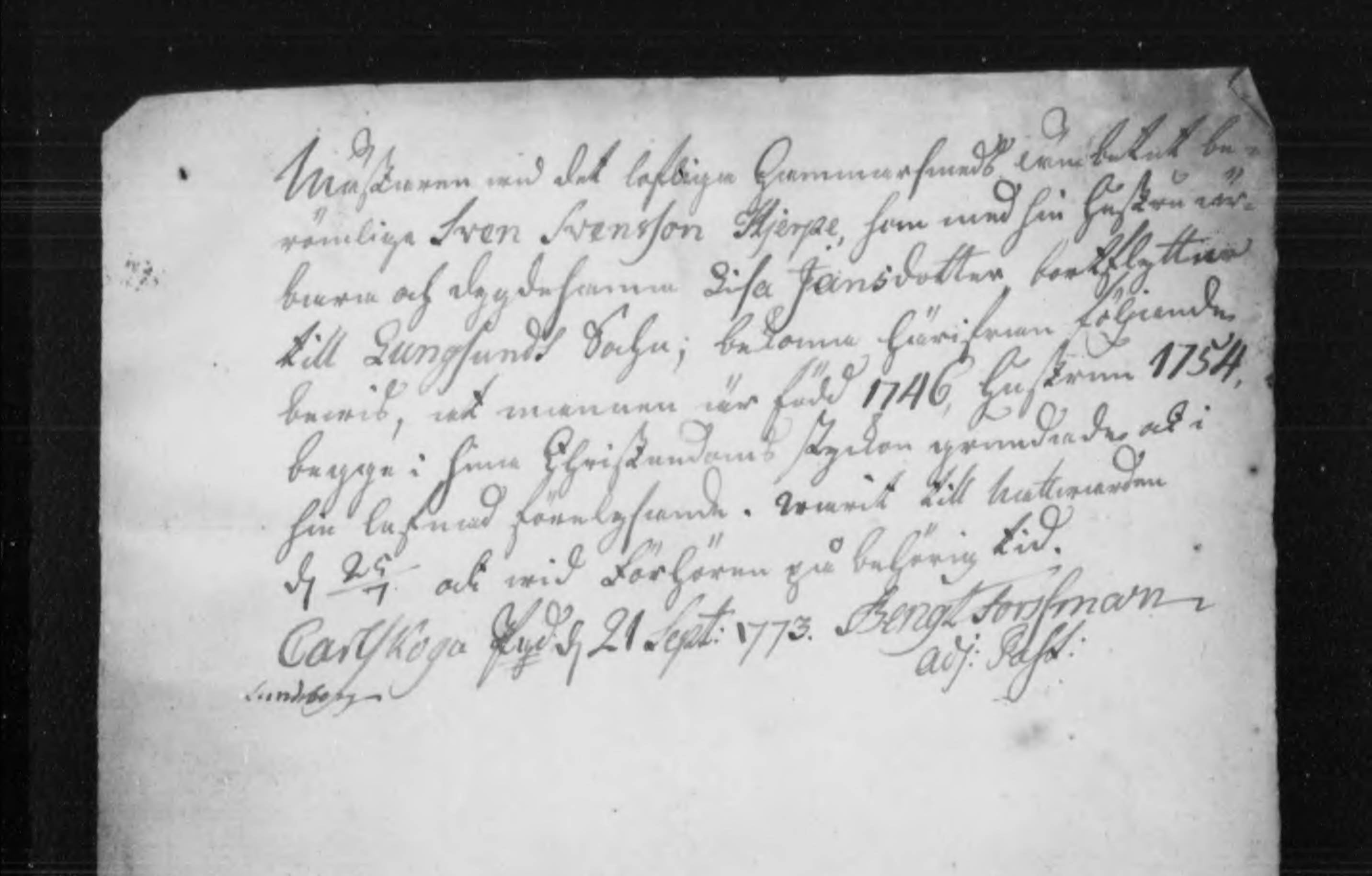 Grayscale scan of an 18th century handwritten note